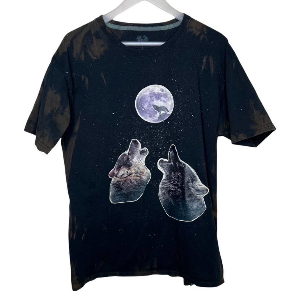 Custom Made Bleach Dyed Tee - Two Wolves Howling at the Moon